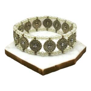 Stretchy‎ Bohemian Pearl & Gold Tone Metal Bracelet Formal Jewelry Bridal Party